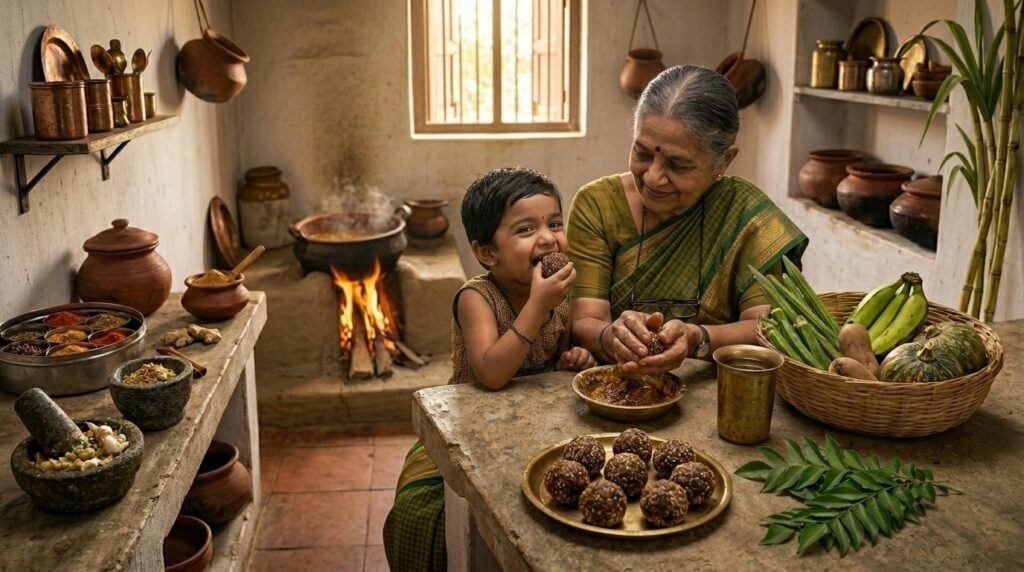 Homemade jaggery and sesame laddoos prepared for children using traditional ingredients.