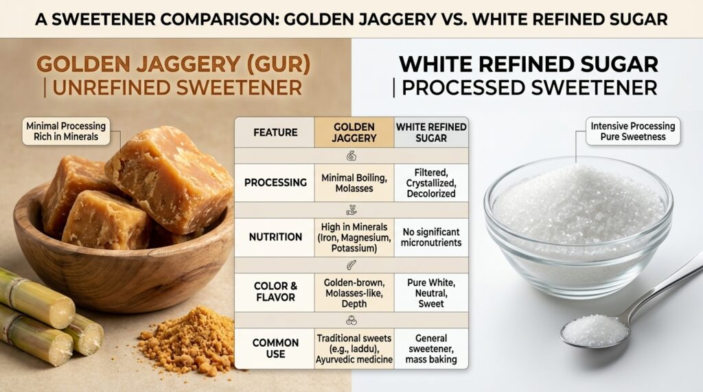 Jaggery versus refined white sugar comparison.