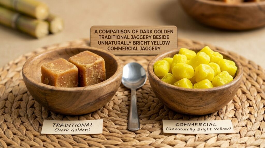 Natural chemical-free jaggery compared with heavily processed jaggery.