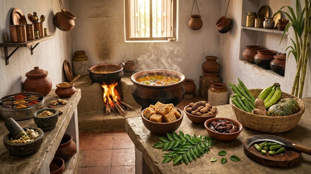 Traditional South Indian kitchen using jaggery in everyday cooking.