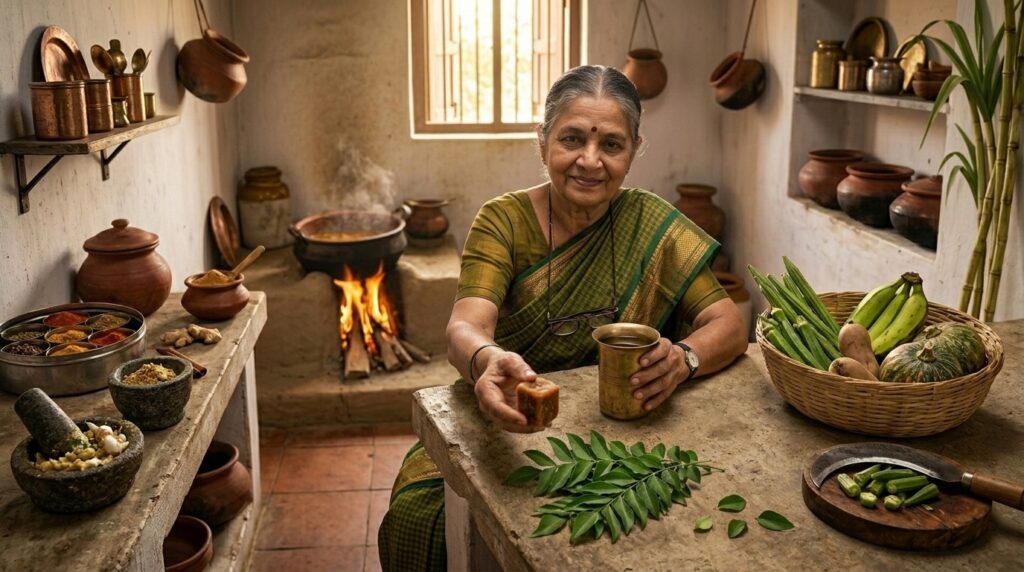 Grandmother offering jaggery before water as part of a traditional Indian hospitality ritual.