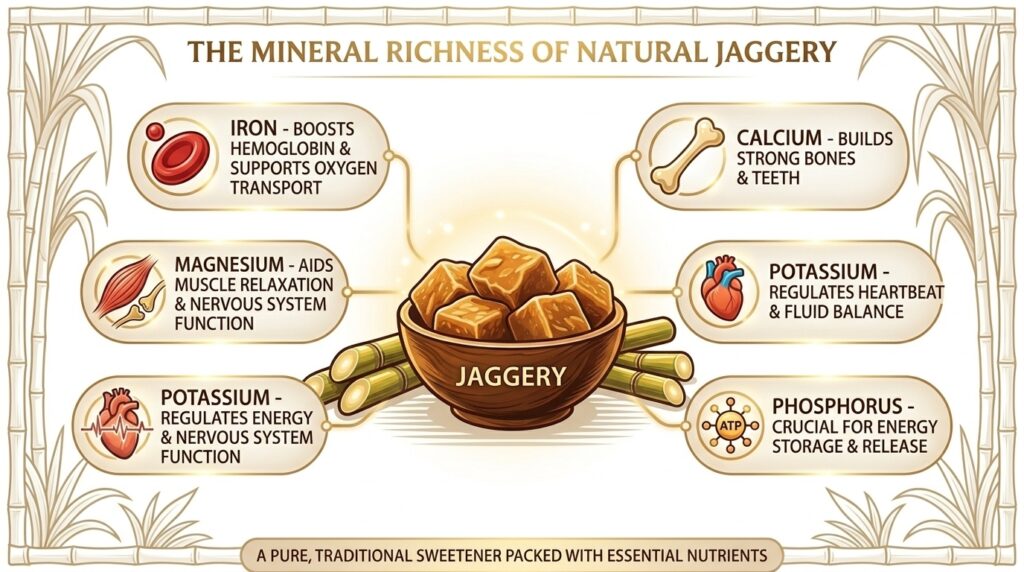 Nutritional profile of traditional jaggery showing naturally occurring minerals.