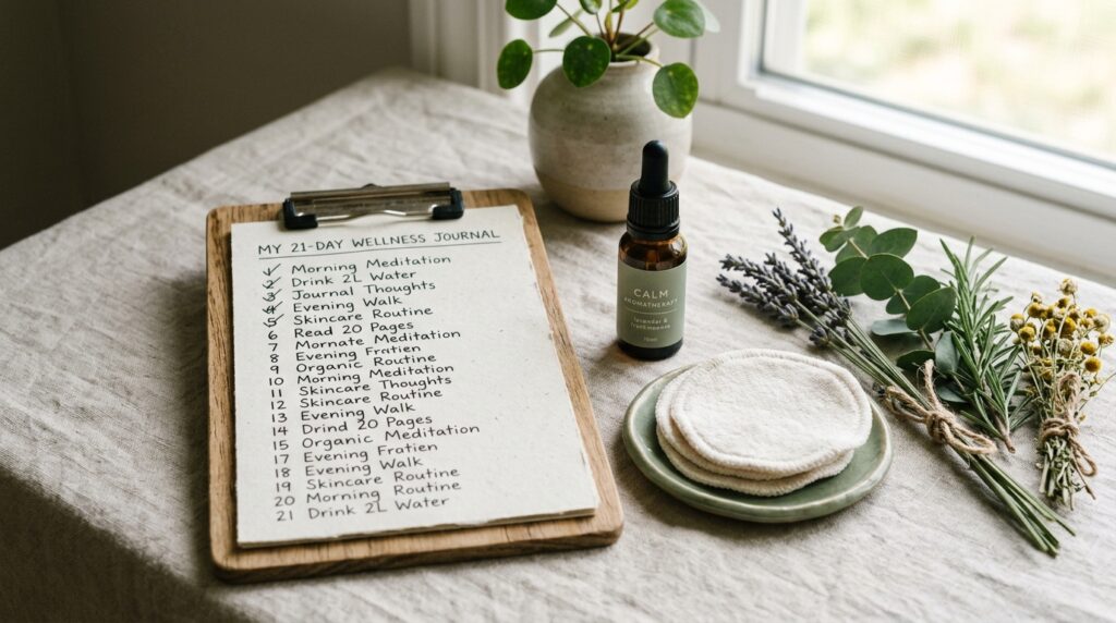 Twenty-one day wellness checklist beside herbs and oil bottle.