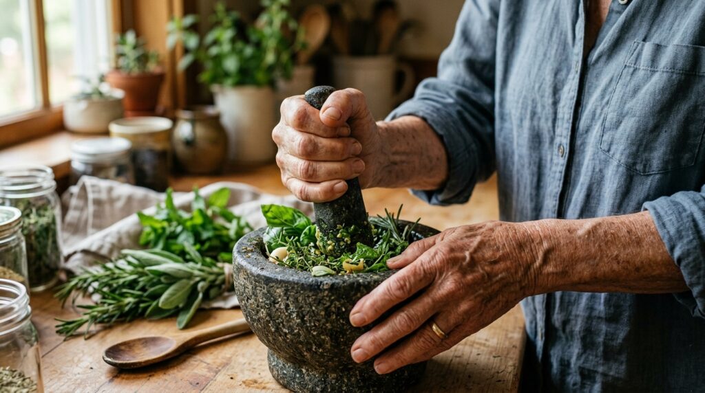 Elderly  woman grinding herbs using a stone mortar and pestle.
