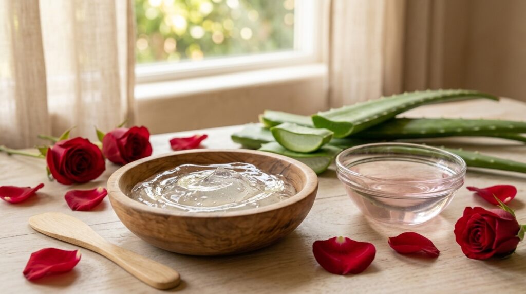 Aloe vera gel and rose water ingredients for natural skin glow remedy
