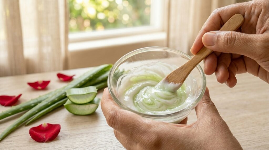 Mixing homemade aloe vera Multani mitti skin glow paste