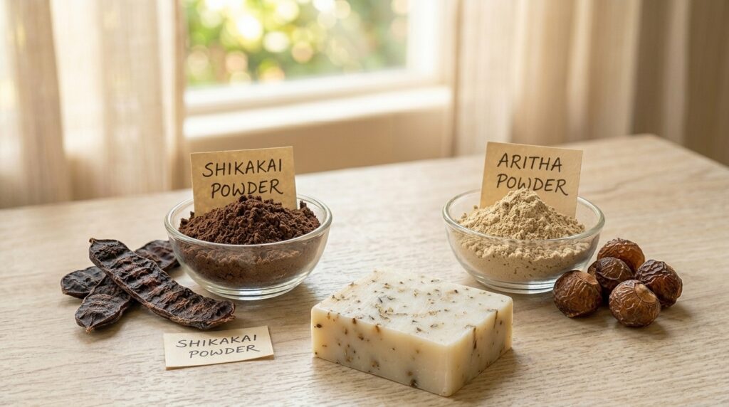 Natural Shikakai and soapnut powder used instead of chemical soap