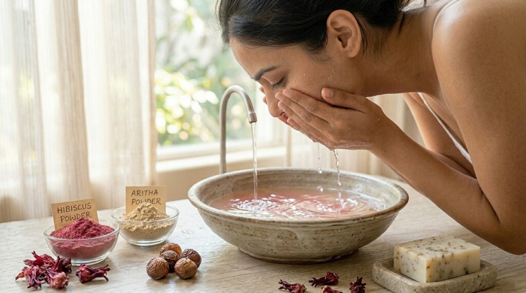 a woman rinsing her face with cool water over a basin, soft natural lighting