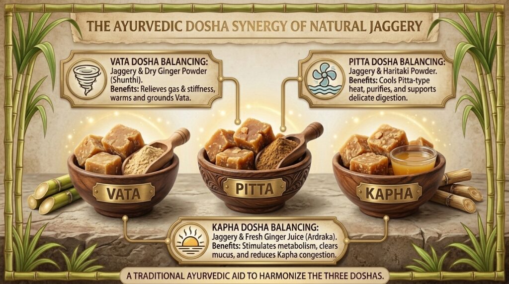 Traditional Ayurvedic jaggery combinations for Vata, Pitta, and Kapha constitutions.