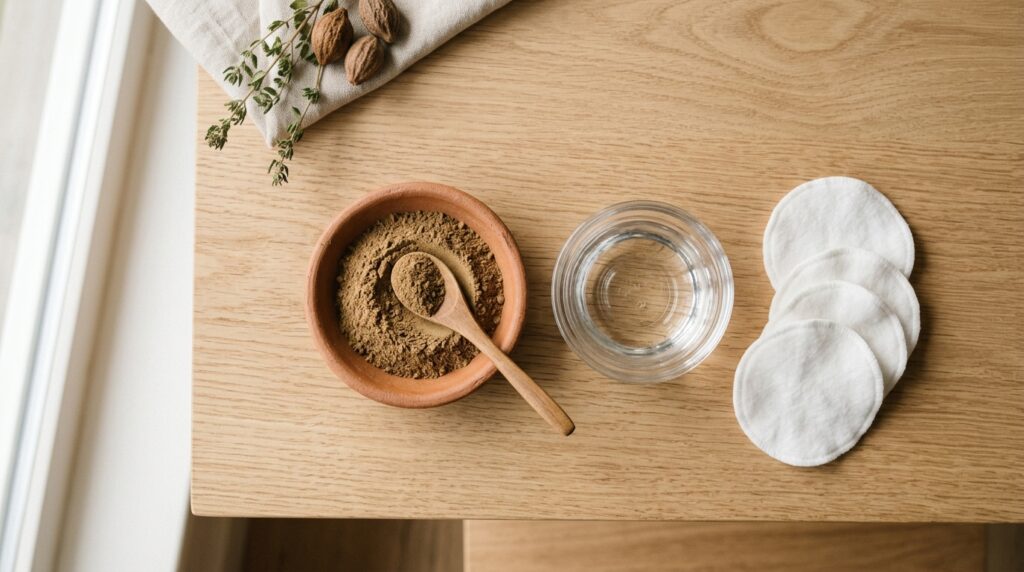 Triphala powder and herbal oil arranged on a wooden tray.