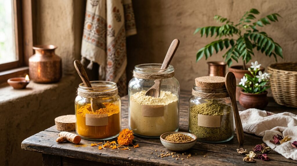 Spa-inspired bathroom with herbal powders and folded towels.