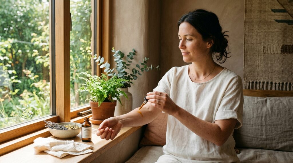 Woman applying traditional herbal liquid to her forearm in natural sunlight.