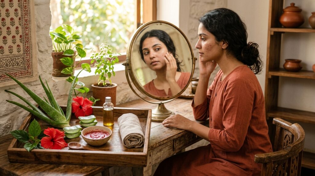 Indian woman with facial pigmentation and Ayurvedic ingredients for natural skin care