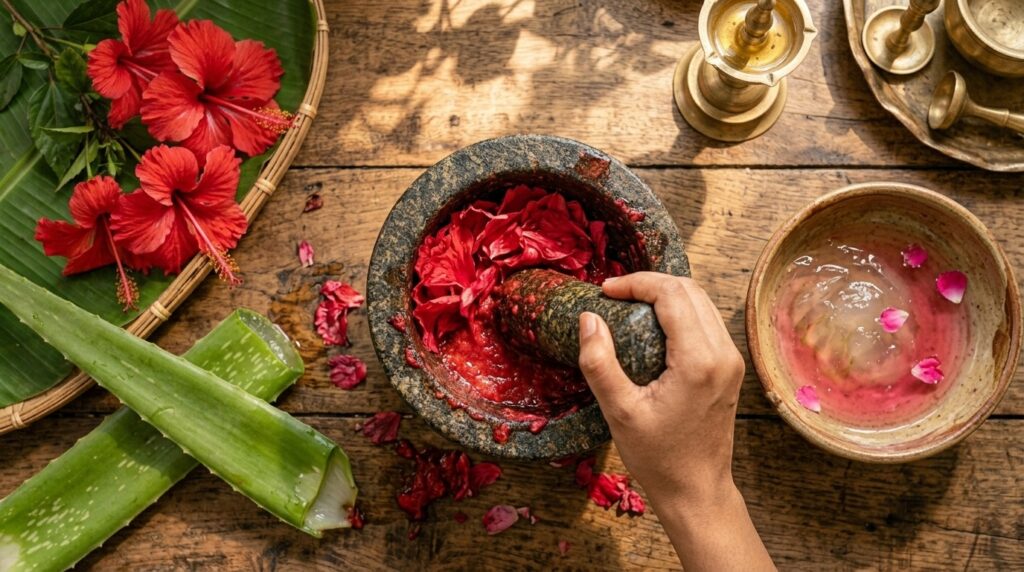 Preparing hibiscus and aloe vera face pack for natural skin brightening