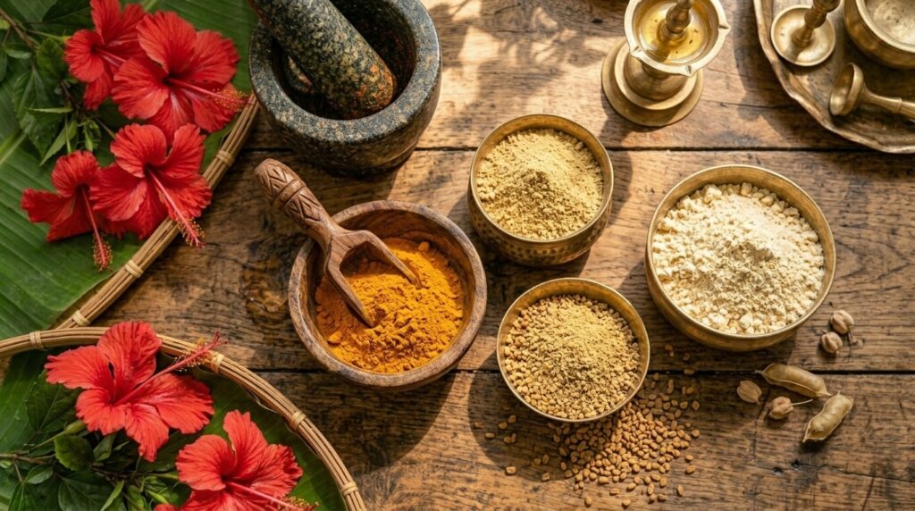 Ingredients for traditional Ayurvedic herbal bath powder.