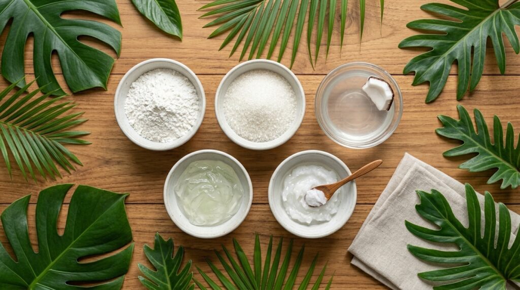 Rice flour scrub ingredients and aloe vera coconut face pack for pigmentation.