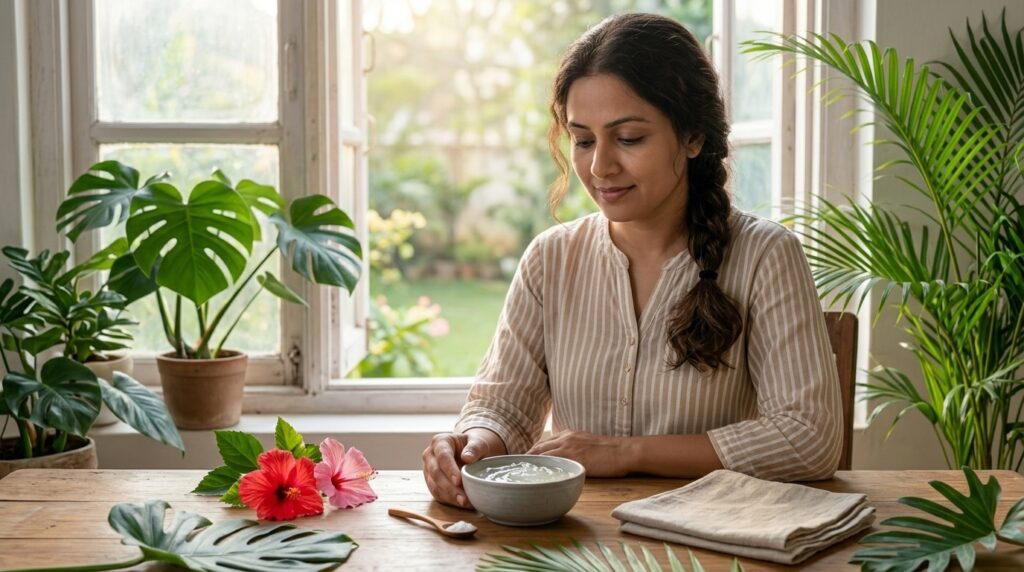Peaceful Ayurvedic morning skincare routine for dark spots and glowing skin.