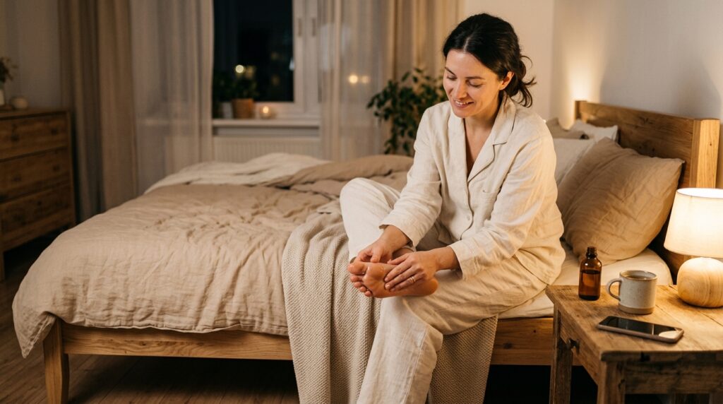 Evening bedroom setup with warm coconut oil and a phone placed away from the bed as part of a traditional Ayurvedic sleep routine.