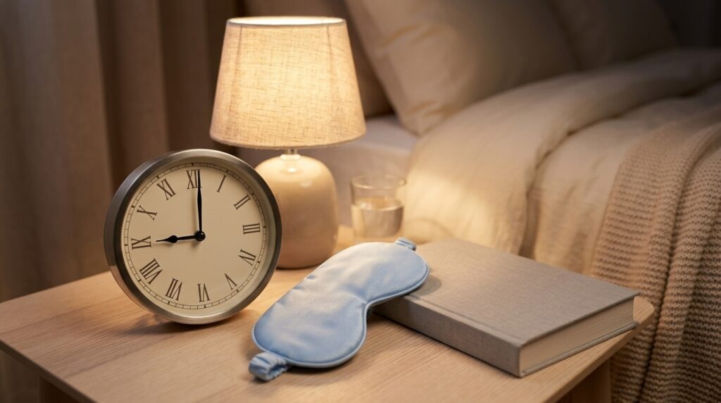 Clock showing 9 PM beside a bedside lamp, representing a consistent bedtime routine for better sleep.
