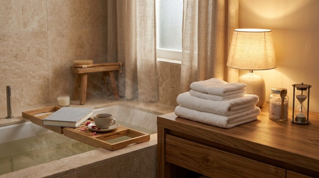 Warm evening bath setup as part of a calming bedtime routine for better sleep.