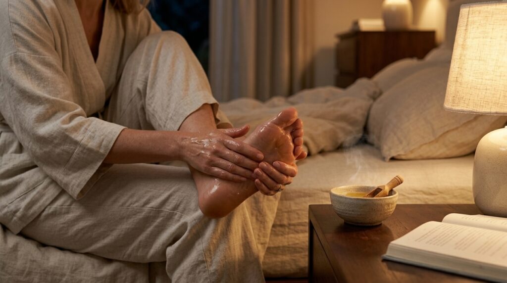 Applying warm coconut oil to the feet before bed as part of a traditional Ayurvedic evening routine.
