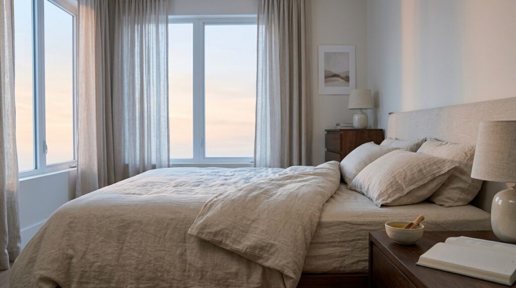 Peaceful bedroom with soft morning light after a restful night's sleep.