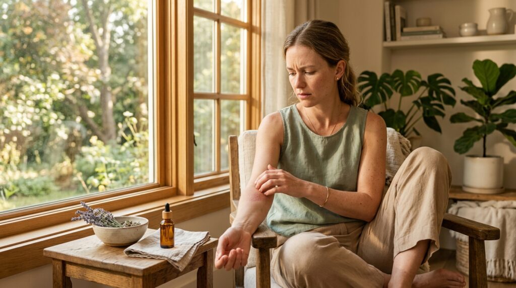 Woman experiencing itchy and dry skin during summer beside traditional herbal ingredients.