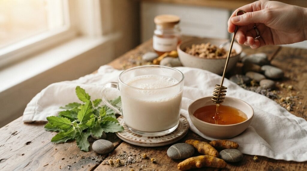 Milk and raw honey surrounded by symbolic natural elements representing balance