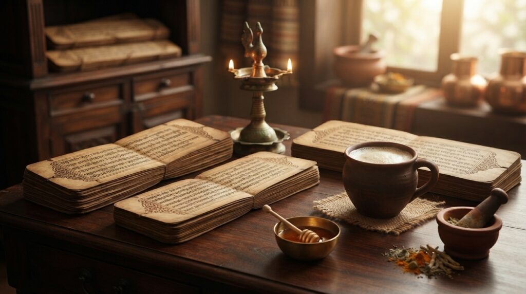 Traditional Ayurvedic books beside milk and honey representing differing viewpoints