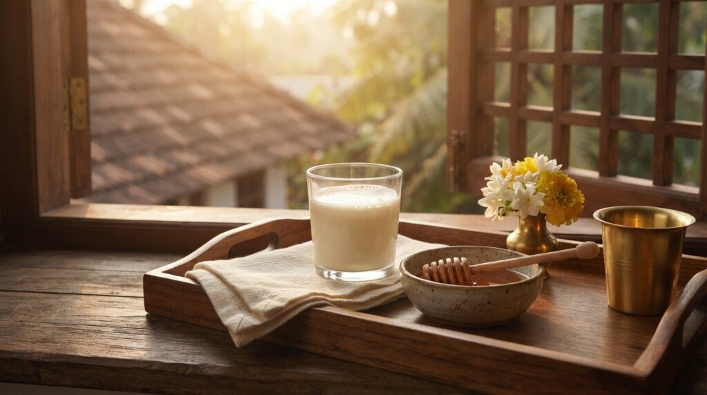 Traditional Ayurvedic morning ritual with milk and honey