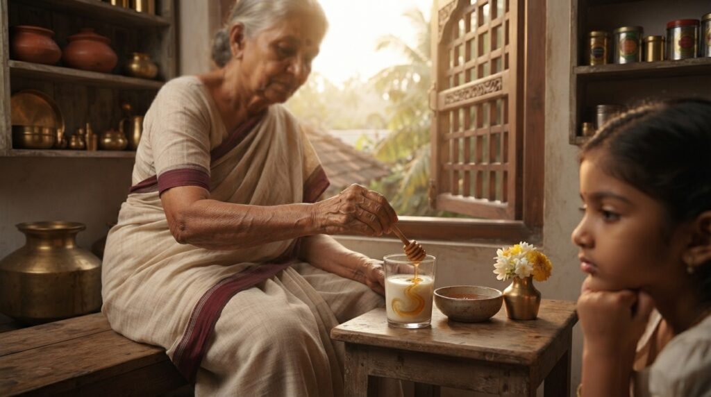Traditional Ayurvedic kitchen with milk and honey symbolizing timeless wisdom