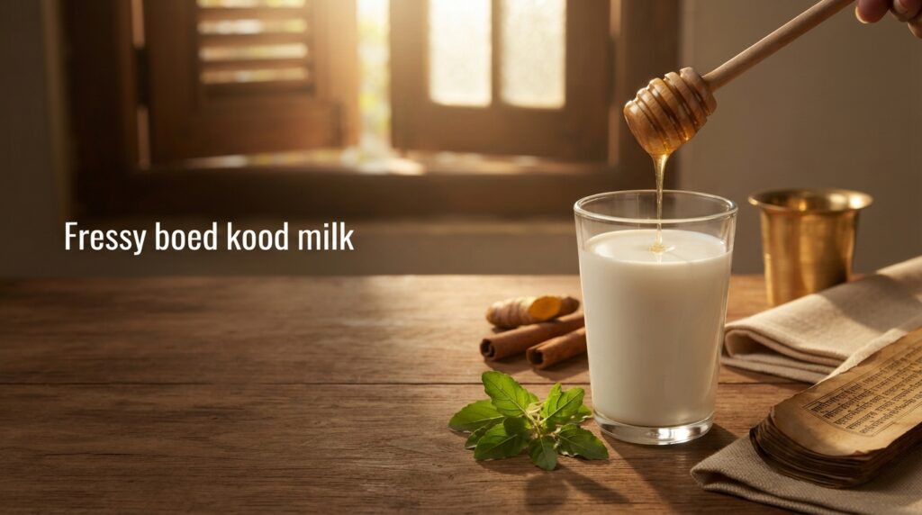 Raw honey being gently stirred into cooled milk in a traditional Ayurvedic setting